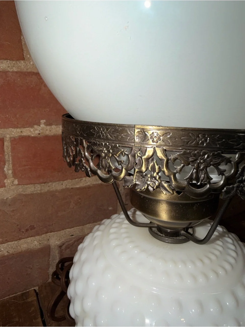 White Hobnail Milk Glass Table Lamp with Brass Accents